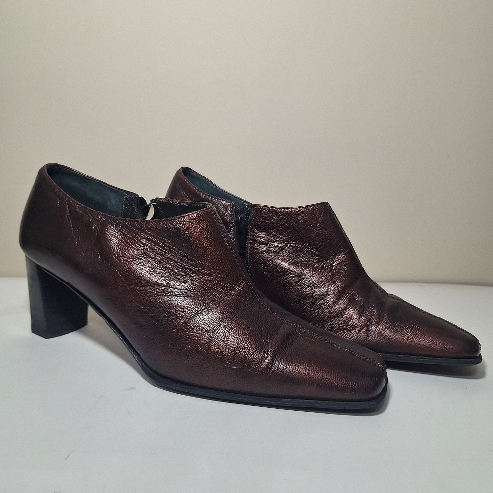 Vintage Roberto Capucci Bronze Metallic Leather Block Heels Size 8.5 Italy